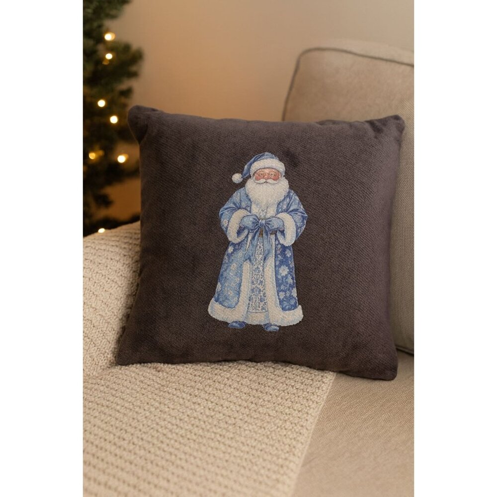 Blue Santa Chenille  18"x18" Accent Pillow Handcrafted Christmas Home Décor